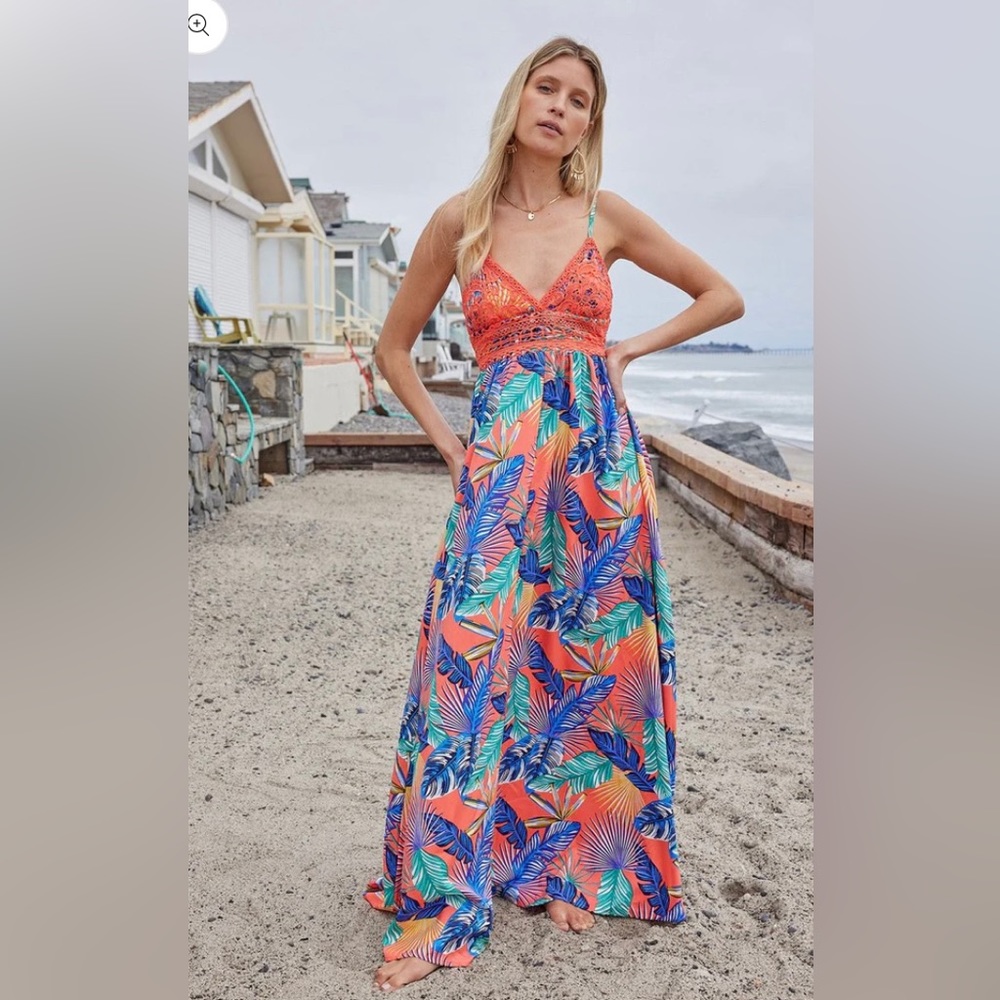 Multi Color Print Crochet Cami Maxi Dress